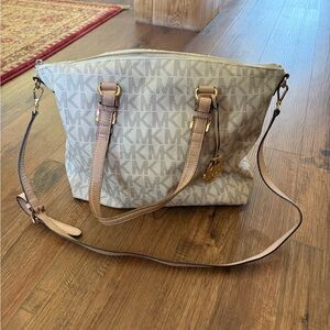 Michael Kors Beige and Tan MK Logo Tote with Detachable Strap